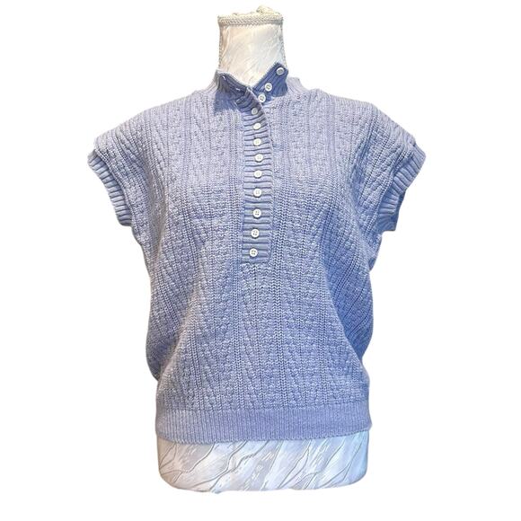 Vintage Blue Knit Henley Sweater Shirt Short Sleeve Textured Top Size Large - Picture 1 of 15